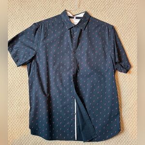 Denim & Flower Black Short-Sleeve Shirt with Red Flamingo Print